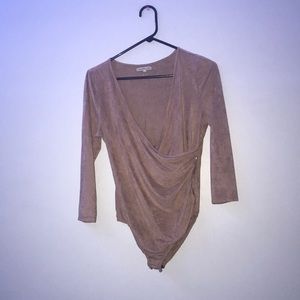 Charlotte Russe Cross body Bodysuit suedes brown tan sz L Junior top shirt